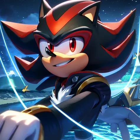 Shadow the hedgehog in black shorts with a red stripe in the shape of thunder in the river smiling 4k image