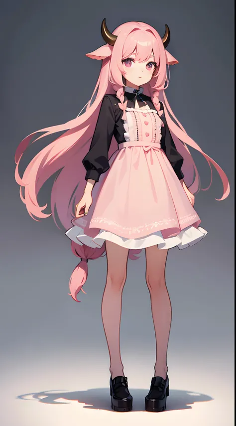 Fullbody,, long hair, no background, pink hair, cow, dress, standing