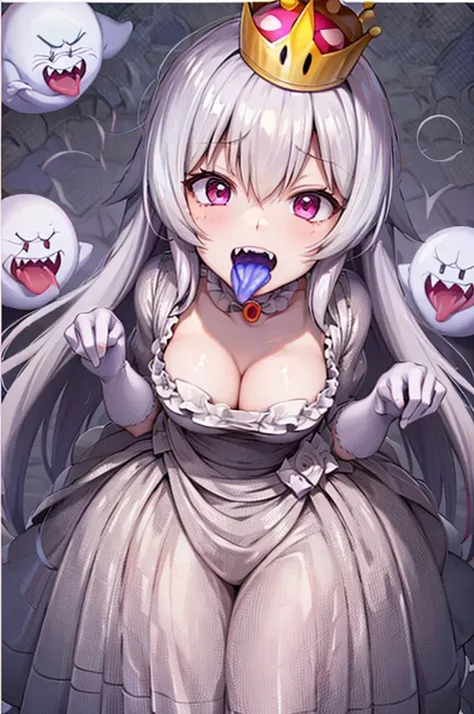 masterpiece,best quality,1girl,crown,choker,claw pose,sharp teeth,tongue,tongue out,boo (mario),ghost,ghost pose