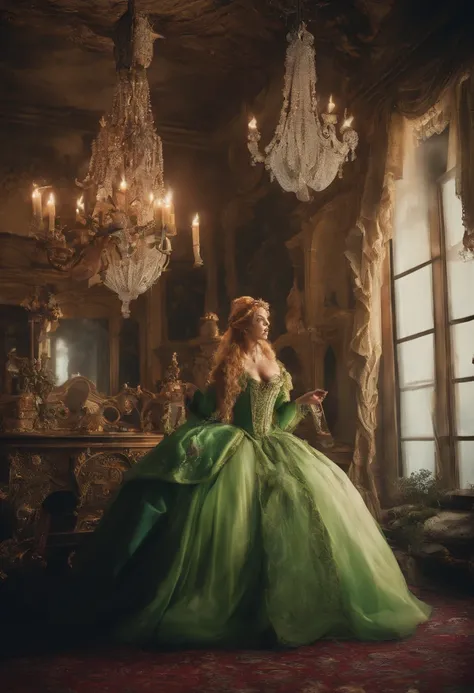 Two women, 18th century looks like Beyonce in a green ball gown with blond hair, blond hair kissing beautiful woman on her lips, looks like Jessica alba red hair in white gown, 18th - century bedroom, canopy bed, dark mystical fantasy, rococo era, perfect ...