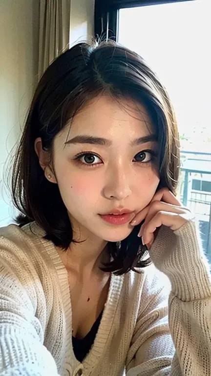 (Top Quality, 8k, 32k, Masterpiece: 1.3), Cute Japan Woman Photos, Black Shortcuts, Beauty Face, (Slouch: 1.3), (Close-Up: 1.4), POV, White sweater, Bedroom, Glossy Skin, Face only