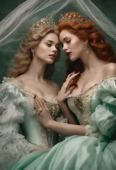 Two women, 18th century looks like Beyonce in a green ball gown with blond hair, blond hair kissing beautiful woman on her lips, looks like Jessica alba red hair in white gown who puts her hand on the womans green gown lap, 18th - century bedroom, canopy b...