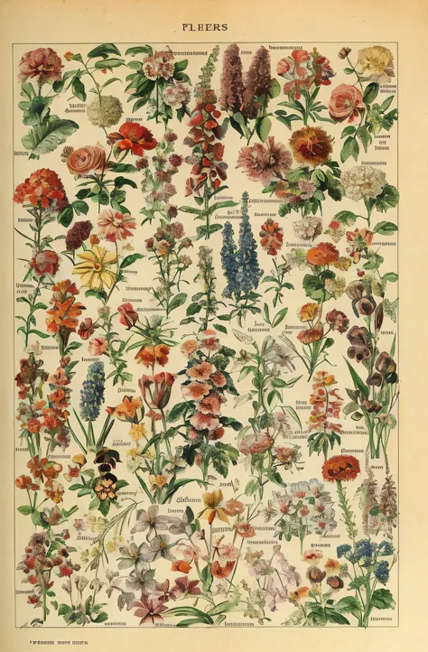 a vintage illustration of a flower garden with lots of flowers, botanical poster, botanical print, flowers and plants, plants and flowers, more and more flowers, herbs and flowers, lots of flowers, red flowers of different types, in a cottagecore flower ga...