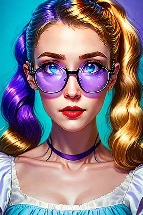 Lady with small boobs, maid dress, long pigtails, blonde hair with Streaks with light blue and light purple. With baby blue eyes and black glasses.