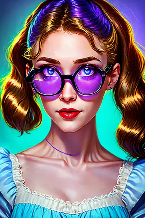 Lady with small boobs, maid dress, long pigtails, blonde hair with Streaks with light blue and light purple. With baby blue eyes and black glasses.