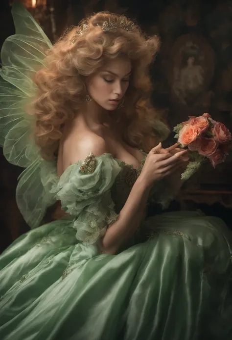 Two women, 18th century looks like Beyonce in a green ball gown with blond hair, blond hair kissing beautiful woman on her lips, looks like Jessica alba red hair in white gown who puts her hand on the womans green gown lap, 18th - century bedroom, canopy b...