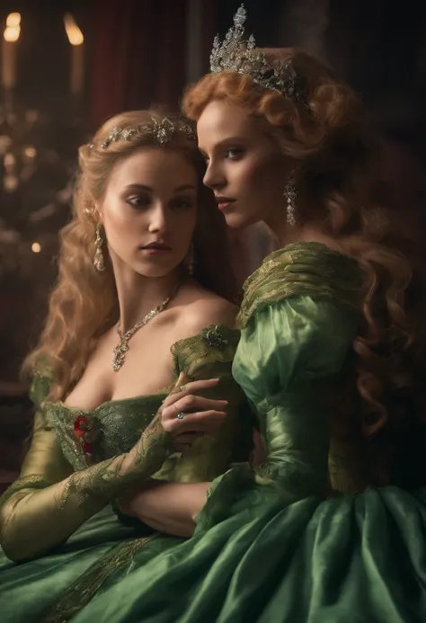 Two women, 18th century looks like Beyonce in a green ball gown with blond hair, blond hair kissing beautiful woman on her lips, looks like Jessica alba red hair in white gown who puts her hand on the womans green gown lap, 18th - century bedroom, canopy b...