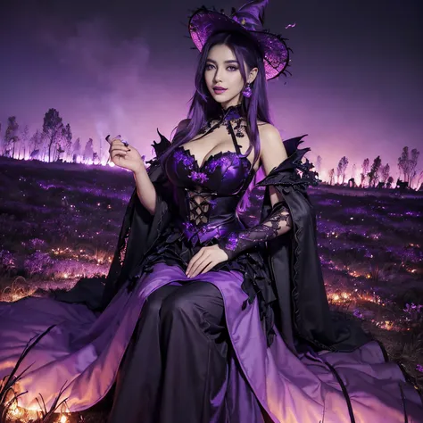 ((Best Quality, masutepiece, 超A high resolution、The most complex and detailed depictions)), ((One Beautiful Witch、perfect witch;Final form、evil dark wizard、Standing、Walking through the burnt fields、creepy and beautiful costumes、Evil makeup、Purple lips、eyes...