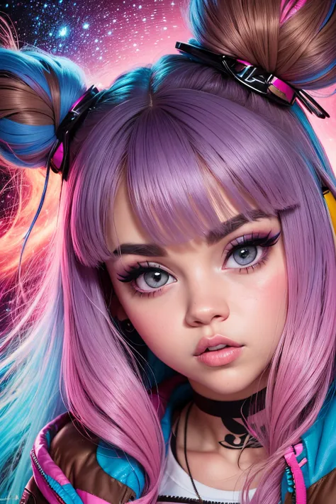 (Selena Gomez), woman with pink and blue makeup and a pink and blue jacket, brown girl in a cosmic dress, cartoon look, ava max, large eyes, lisa frank style, long brown hair and large eyes, ahegao face, alexa grace, wearing atompunk jumpsuit, inspired by ...