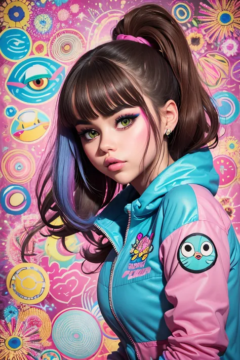 (Selena Gomez), woman with pink and blue makeup and a pink and blue jacket, brown girl in a cosmic dress, cartoon look, ava max, large eyes, lisa frank style, long brown hair and large eyes, ahegao face, alexa grace, wearing atompunk jumpsuit, inspired by ...