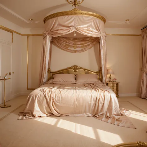 Princess bedroom in royal house, golden and pink, fhd, photorealistic, beauty