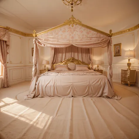 Princess bedroom in royal house, golden and pink, fhd, photorealistic, beauty