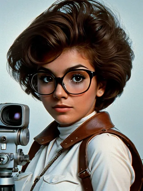 Realistic 80s Style Monochrome Amateur Photography Using Full-Length Film Mechanical DSLR Camera; Cute Russian brown-eyed girl 38 years old, round face, Large shiny realistic dark brown eyes, eyeglasses(There are lenses in the glasses, Realistic glare of l...