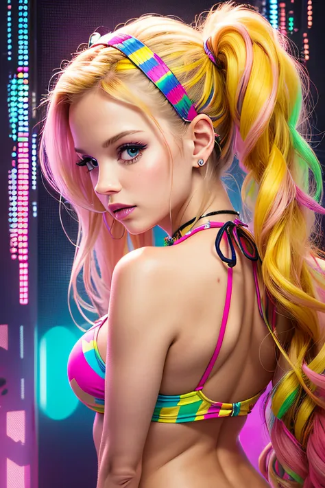 Jessica Simpson, woman in a bikini with braids and a choke, wearing pearl neon bikini, colorful pigtail, blond hair with pigtails, y 2 k cutecore clowncore, blonde goddess, electronic bikini, rave inspired, bold rave outfit, decora inspired, cute rave outf...