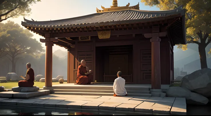 A Buddhist master sharing teachings with a young man in an ancient temple, serene atmosphere, realistic, 8k