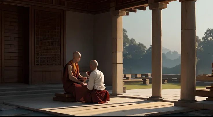 A Buddhist master sharing teachings with a young man in an ancient temple, serene atmosphere, realistic, 8k