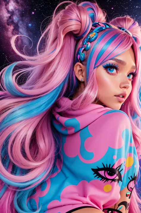 (Jessica Alba), woman with pink and blue makeup and a pink and blue jacket, brown girl in a cosmic dress, cartoon look, ava max, large eyes, lisa frank style, long brown hair and large eyes, ahegao face, alexa grace, wearing atompunk jumpsuit, inspired by ...