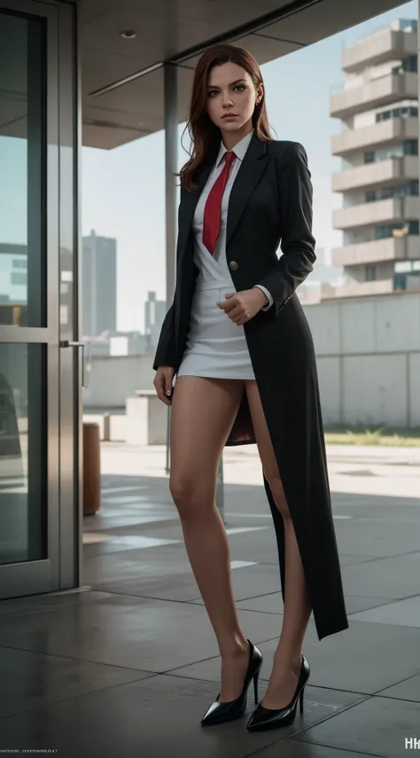 Agent 47 as a woman, hitman, suit and tie, red tie, full body shot