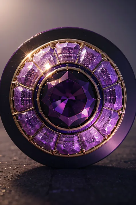 a round badge made of puple crystals, with a bat sculpture in the center, 3d render, 8k, conceptart, no human