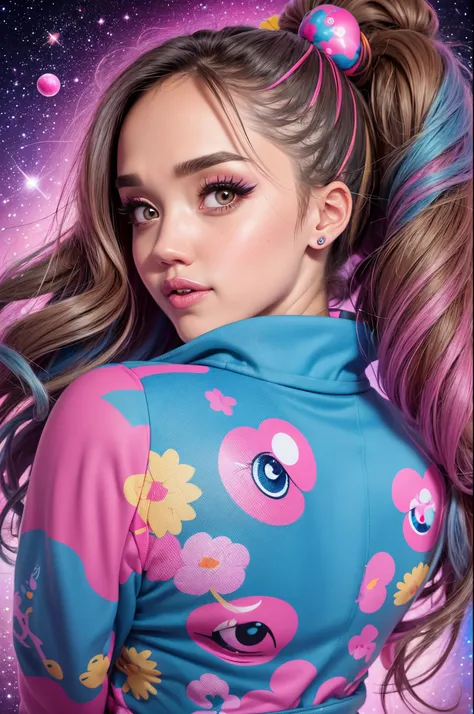 (Jessica Alba), woman with pink and blue makeup and a pink and blue jacket, brown girl in a cosmic dress, cartoon look, ava max, large eyes, lisa frank style, long brown hair and large eyes, ahegao face, alexa grace, wearing atompunk jumpsuit, inspired by ...