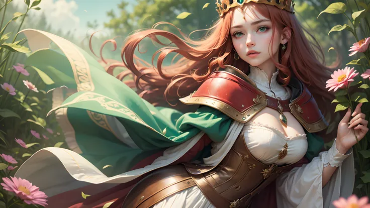 red-haired beautiful medieval princess, green eyes, using a crown. beautiful flowery field behind her. --auto --s2