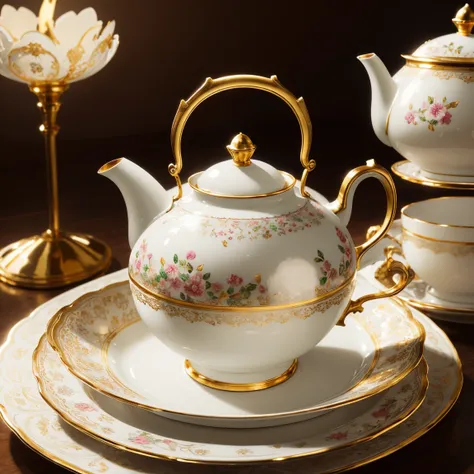 best quality,ultra-detailed,realistic,photorealistic,highres,2 teacups,russian style,delicate patterns,porcelain material,vivid colors,subtle brushstrokes,soft lighting,warm and inviting atmosphere,scattered tea leaves,steaming hot tea,fine gold trimming,c...