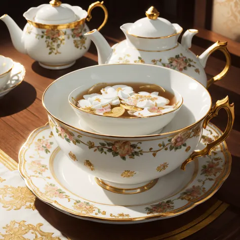 best quality,ultra-detailed,realistic,photorealistic,highres,2 teacups,russian style,delicate patterns,porcelain material,vivid colors,subtle brushstrokes,soft lighting,warm and inviting atmosphere,scattered tea leaves,steaming hot tea,fine gold trimming,c...