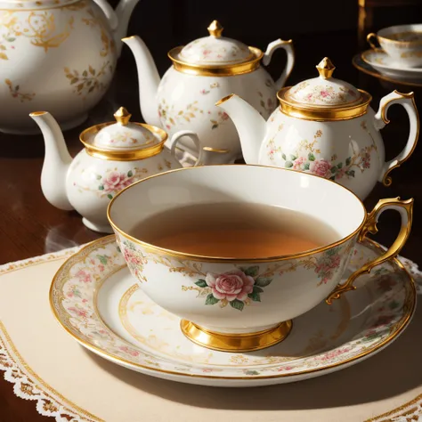 best quality,ultra-detailed,realistic,photorealistic,highres,2 teacups,russian style,delicate patterns,porcelain material,vivid colors,subtle brushstrokes,soft lighting,warm and inviting atmosphere,scattered tea leaves,steaming hot tea,fine gold trimming,c...