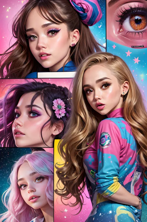 (Jessica Alba), 2girls, 2woman, 2 friends,  with pink and blue makeup and a pink and blue jacket, brown girl in a cosmic dress, cartoon look, ava max, large eyes, lisa frank style, long brown hair and large eyes, ahegao face, alexa grace, wearing atompunk ...