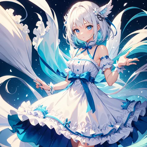 1 girl,short white hair with blue highlights,blue eyes,white magical girl dress,frills,ribbons