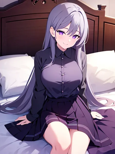 masterpiece, high quality, 1girl, purple eyes, medium breasts, grey hair, long hair, best quality, shirt, skirt, lying on bed, smiling,