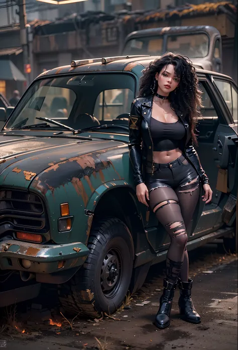 ((21-year-old))), black girl, (((light skin))), (((full body pose))),  (((long curly black hair))), (((wearing tight ripped clothing))), (((seamless black, pantyhose))), (((submissive))), (((metal choker))), (((post apocalyptic scene, old cars, fire, death...