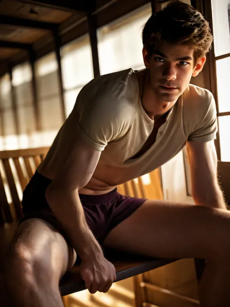 (( hairy skinny 25yo andrew garfield, body hair, detailed skin), huge bulge, (dynamic posture:1.3), (action shot), (clothes scattered),(lockerroom)), (side view),(full body:1.2),(athletic shoes:1.2), (undressing), (clothes everywhere), (taking clothes off)...