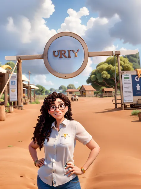 Mulher, curly hair is long, Nude glasses, trabalha no agro, em um evento na fazenda, Disney pixar, alta qualidade.