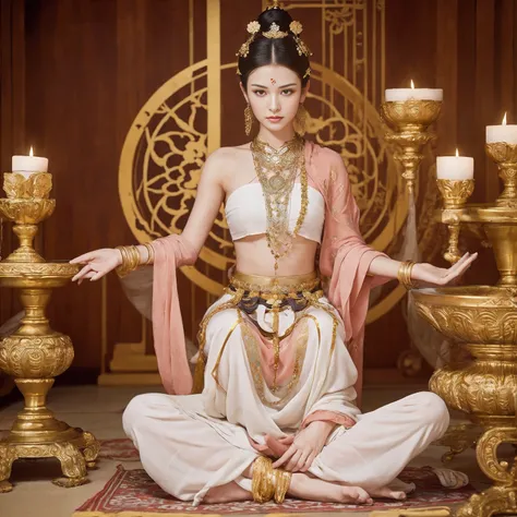 Several sexy zen goddesses sitting cross-legged on a lotus platform meditating,My whole body is drenched in sweat while meditating., perform sacred rituals, The ground is covered with offerings, (Best quality, A high resolution:1.2)