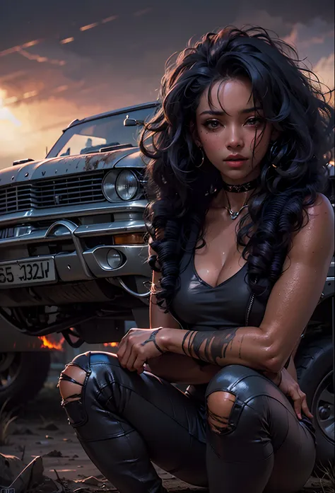 ((21-year-old))), black girl, (((light skin))), (((full body pose))),  (((long curly black hair))), (((wearing tight ripped clothing))), (((seamless black, pantyhose))), (((submissive))), (((metal choker))), (((post apocalyptic scene, old cars, fire, death...