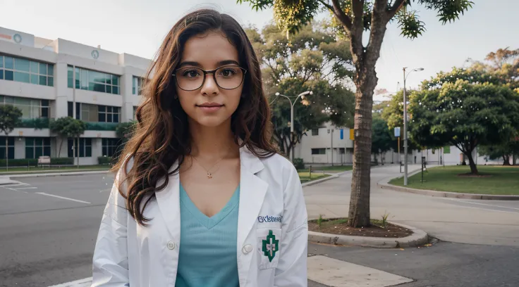 Imagine um estudante de medicina brasileiro caminhando pelo campus moderno e imaculado da faculdade de medicina da universidade. She is dressed in medical uniform and a white coat, e seu curto, vermelho, Curly hair adds a different touch to the scene. The ...