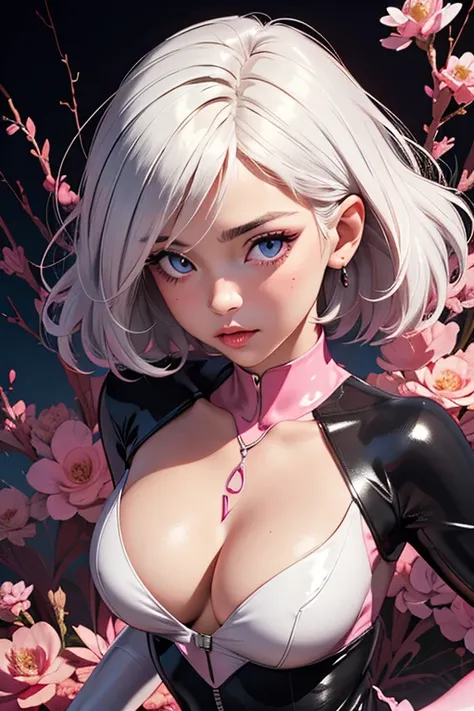 cute anime girl with short white hair, bent over, offering,  very deep cleavage, clear eyes, tonned girl, parted lips, puffy lips, ultrarealistic eyes, pink lipstick, (black tight bodysuit: 1), masterpiece, (best quality:1,5), perfect lighting, very detail...