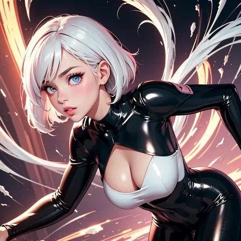 full body of a cute anime girl with short white hair, bent over, offering,  very deep cleavage, clear eyes, tonned girl, parted lips, puffy lips, ultrarealistic eyes, pink lipstick, (black tight bodysuit: 1), masterpiece, (best quality:1,5), perfect lighti...