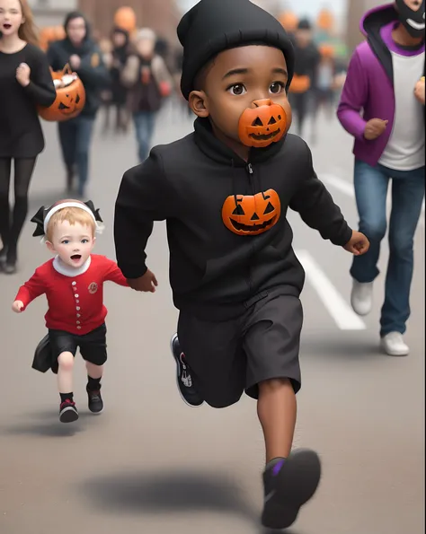 Tall black man chasing kid with halloween bucket