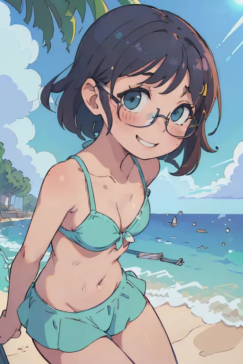 (((Chibi Chara,2 head body,animesque))),(((drooing eyes,Small eyes,put on glasses,roundly eyes,with round face,Medium Hair))),(((Green Micro Bikini,Swimwear with a small area,Sweaty body,Midsummer beach,The sun is dazzling,blue open sky))),((独奏)),((masutep...