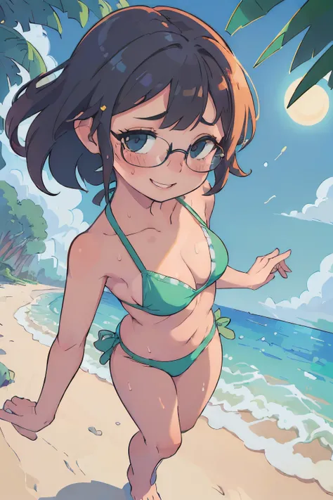 (((Chibi Chara,2 head body,animesque))),(((drooing eyes,Small eyes,put on glasses,roundly eyes,with round face,Medium Hair))),(((Green Micro Bikini,Swimwear with a small area,Sweaty body,Midsummer beach,The sun is dazzling,blue open sky))),((独奏)),((masutep...