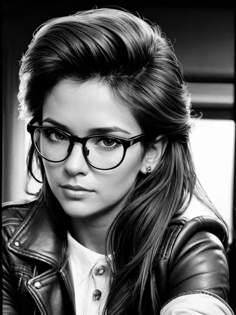 Realistic 80s Style Monochrome Amateur Photography Using Full-Length Film Mechanical DSLR Camera; Cute Russian brown-eyed girl 38 years old with a camera, round face, Large shiny realistic dark brown eyes, eyeglasses(There are lenses in the glasses, Realis...