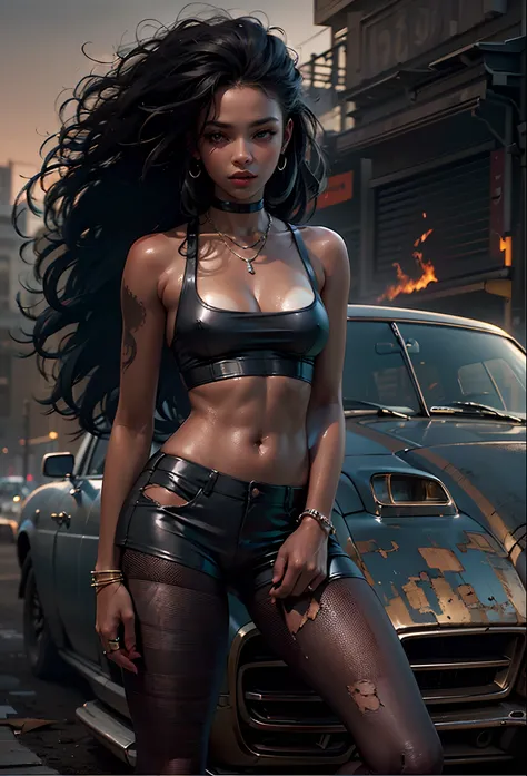 ((21-year-old))), black girl, (((light skin))), (((full body pose))),  (((long curly black hair))), (((wearing tight ripped clothing))), (((seamless black, pantyhose))), (((submissive))), (((metal choker))), (((post apocalyptic scene, old cars, fire, death...