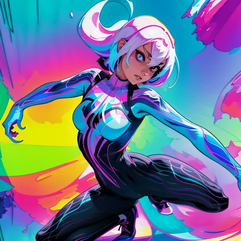 full body, cel-shading style, centered image, ultra detailed illustration of Spider-Gwen posing, (tetradic colors), inkpunk, ink lines, strong outlines, art by MSchiffer, bold traces, unframed, high contrast, cel-shaded, vector, 32k resolution, best qualit...