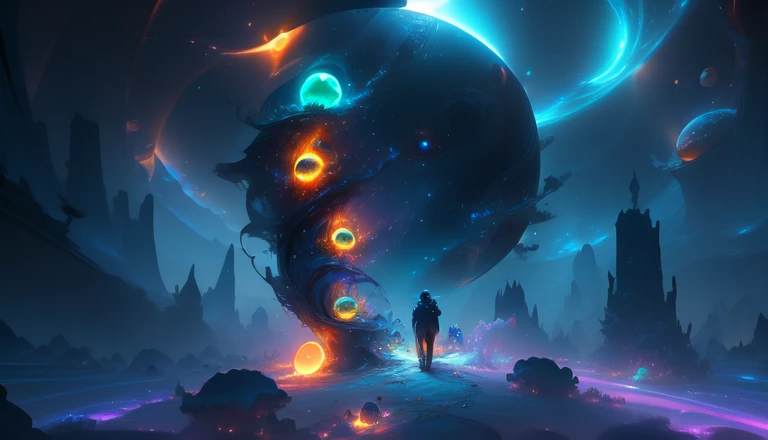 two men controlling glowing mutant glowing jellyfish (centered) in a dark room, tentacles, floating glowing planets surround them, golden orange lighting colors, sinister feel, telepathy with the jellyfish alien, transforming universe with evil plot, 8k ci...