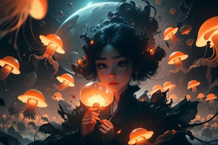 Beautiful face, beautiful body, Girl controlling glowing mutant glowing jellyfish (centered) in a dark room, tentacles, floating glowing planets surround them, golden orange lighting colors, sinister feel, telepathy with the jellyfish alien, transforming u...