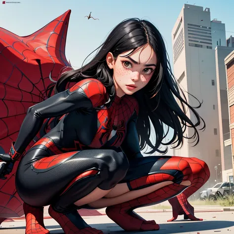 Create a hyper-realistic image of a teenage girl with long black hair, fair skin, and freckles. She should have a playful expression, wearing a complete spider man suit while squatting barefooted