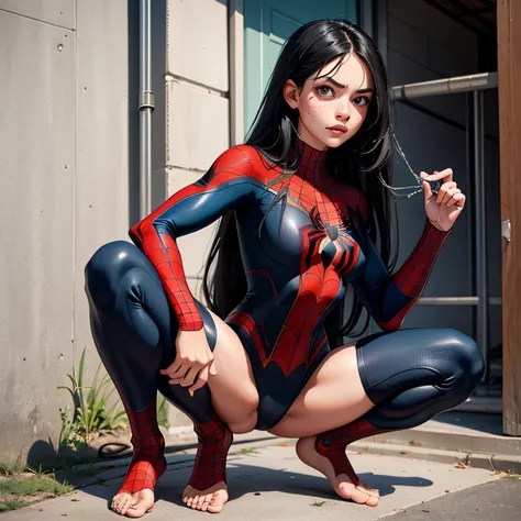 Create a hyper-realistic image of a teenage girl with long black hair, fair skin, and freckles. She should have a playful expression, wearing a complete spider man suit while squatting barefooted