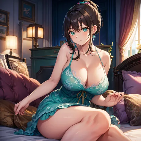 (one female: 1.5) wearing blue floral summer dress, brown long ponytail, (((beautiful aqua green eyes))), showing cleavage, sitting on bed alone, alone (SOLO: 1.5),(ALONE: 1.5), large chest, curvy, beautiful detailed eyes, perfect hands, perfect body close...